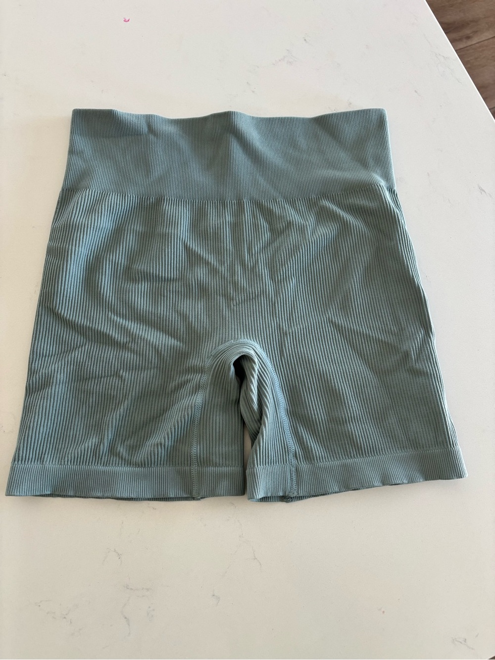 High-Waist Ribbed Bike Shorts - Blue Green